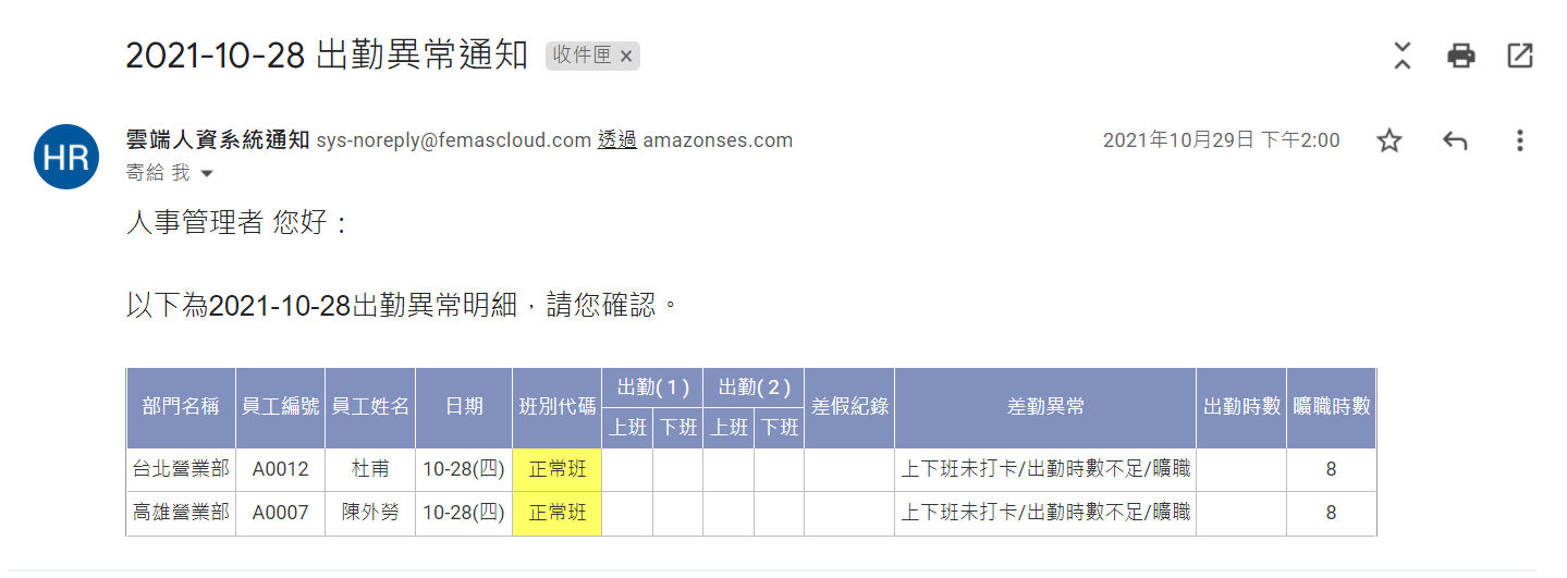 人事 警示項目設定-觸發條件：『排除假日 (不納入天數計算、也不觸發)和免打卡班別』有無勾選之差異。-3